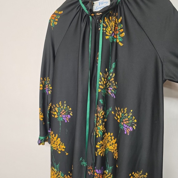 Vintage Tiffany Loungewear Black Floral Print Full Zip Robe Duster Long Sleeve - Picture 8 of 9